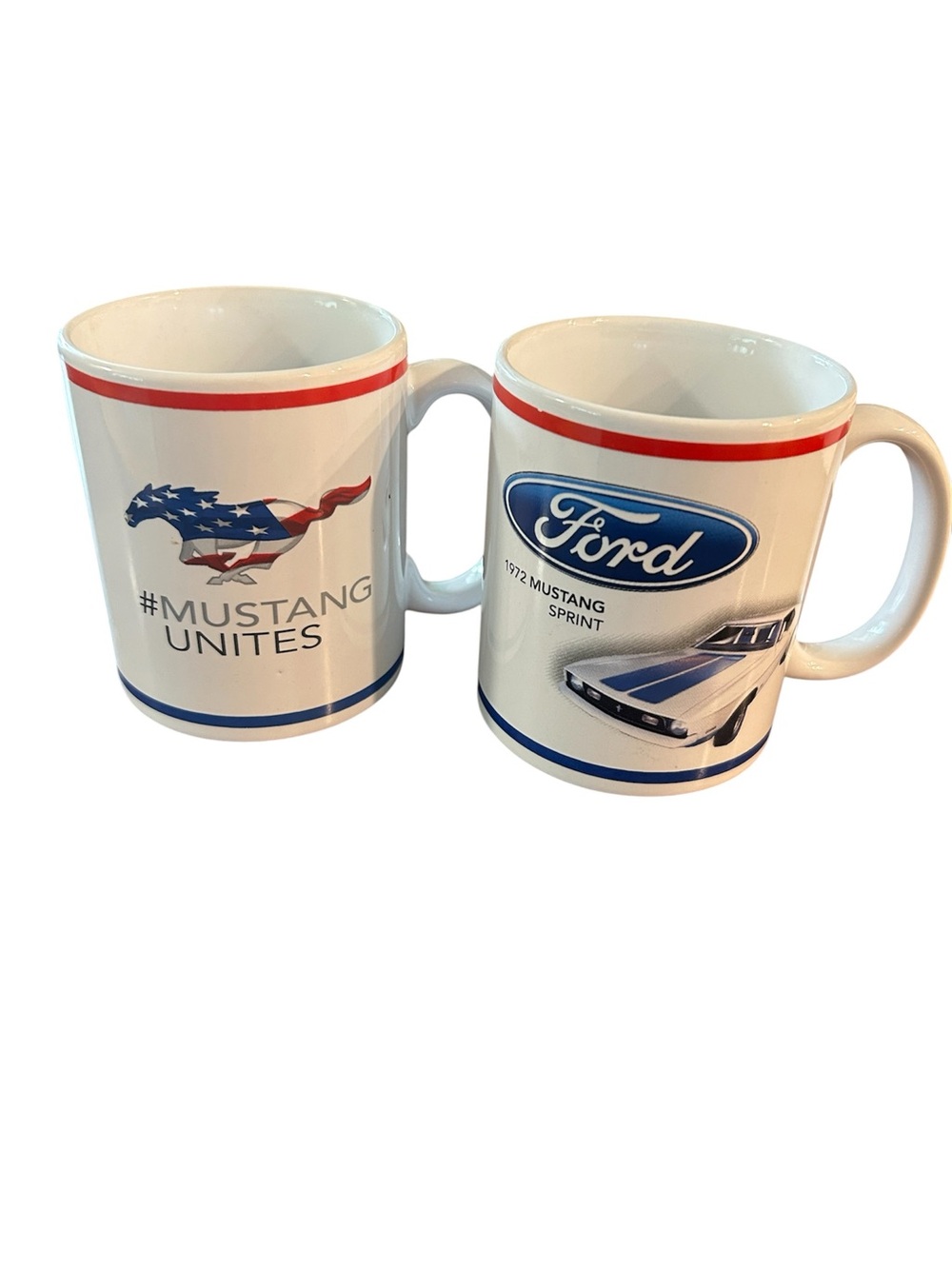 Ford Mustang White Ceramic Coffee Mugs-Red & Blue Accent